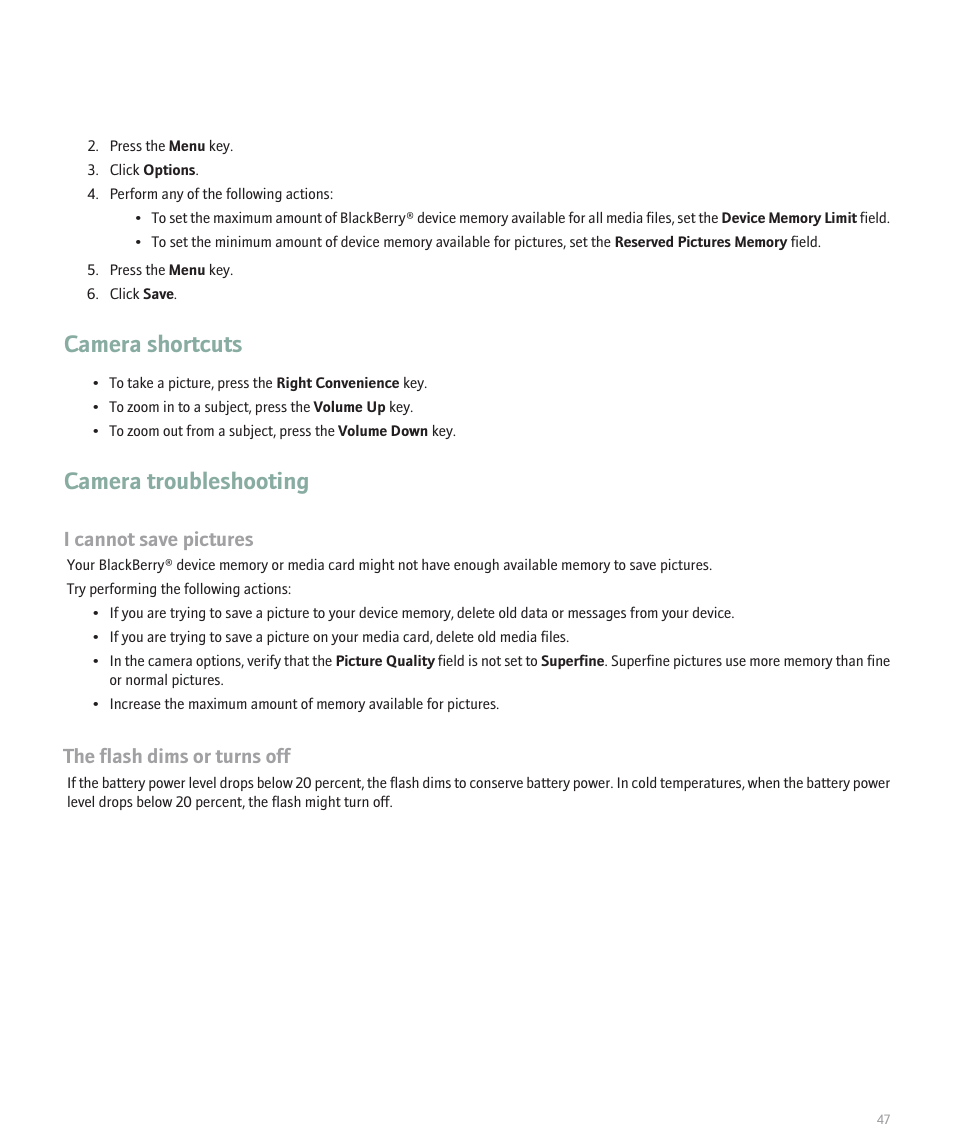 Camera shortcuts, Camera troubleshooting, I cannot save pictures | The flash dims or turns off | Blackberry 8100 User Manual | Page 49 / 262