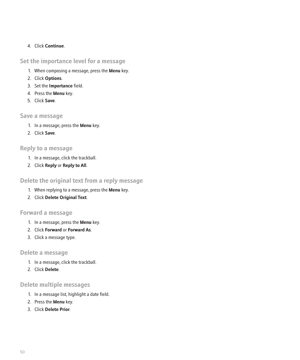 Set the importance level for a message, Save a message, Reply to a message | Delete the original text from a reply message, Forward a message, Delete a message, Delete multiple messages | Blackberry 8100 User Manual | Page 52 / 262