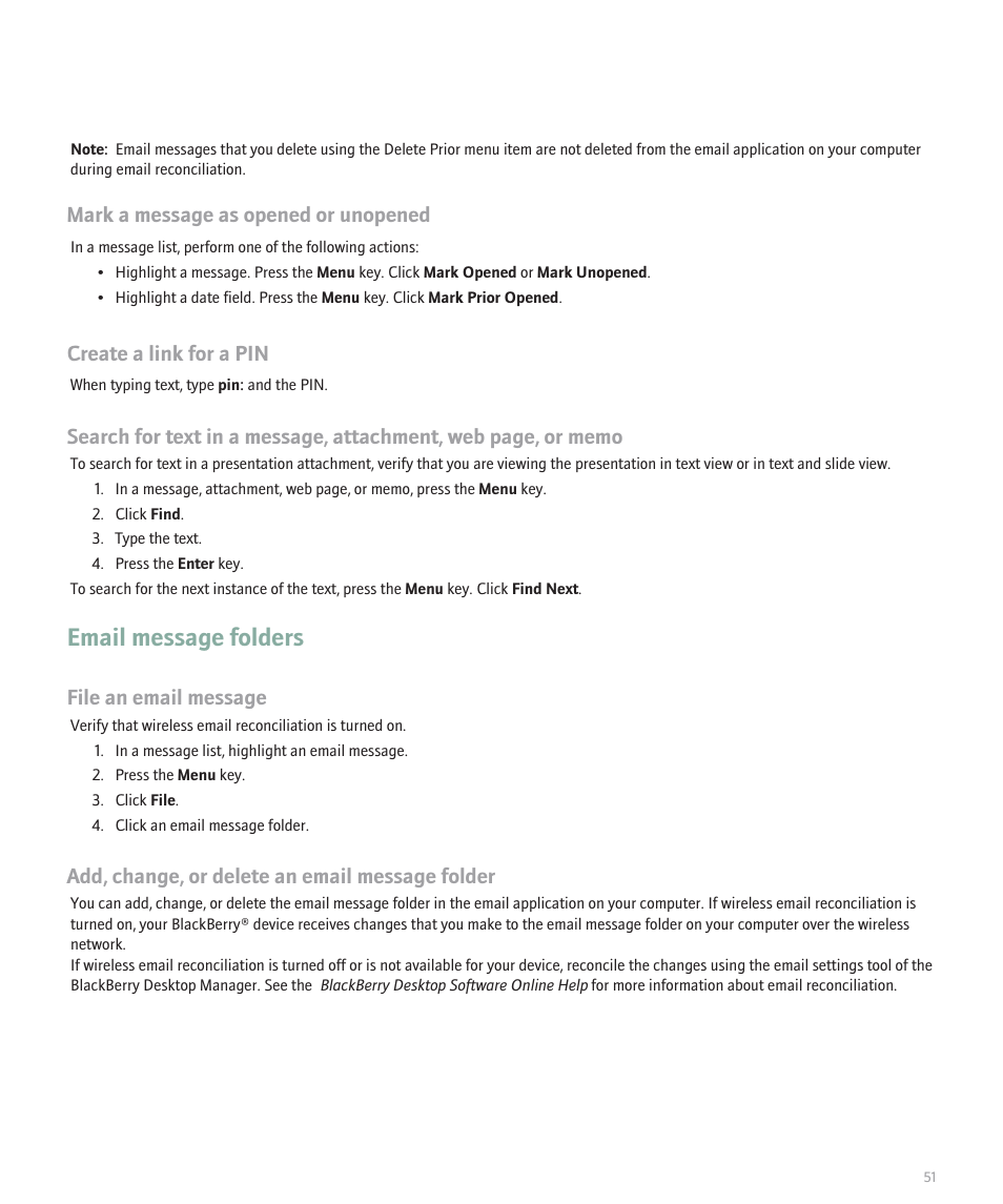 Email message folders, Mark a message as opened or unopened, Create a link for a pin | File an email message, Add, change, or delete an email message folder | Blackberry 8100 User Manual | Page 53 / 262