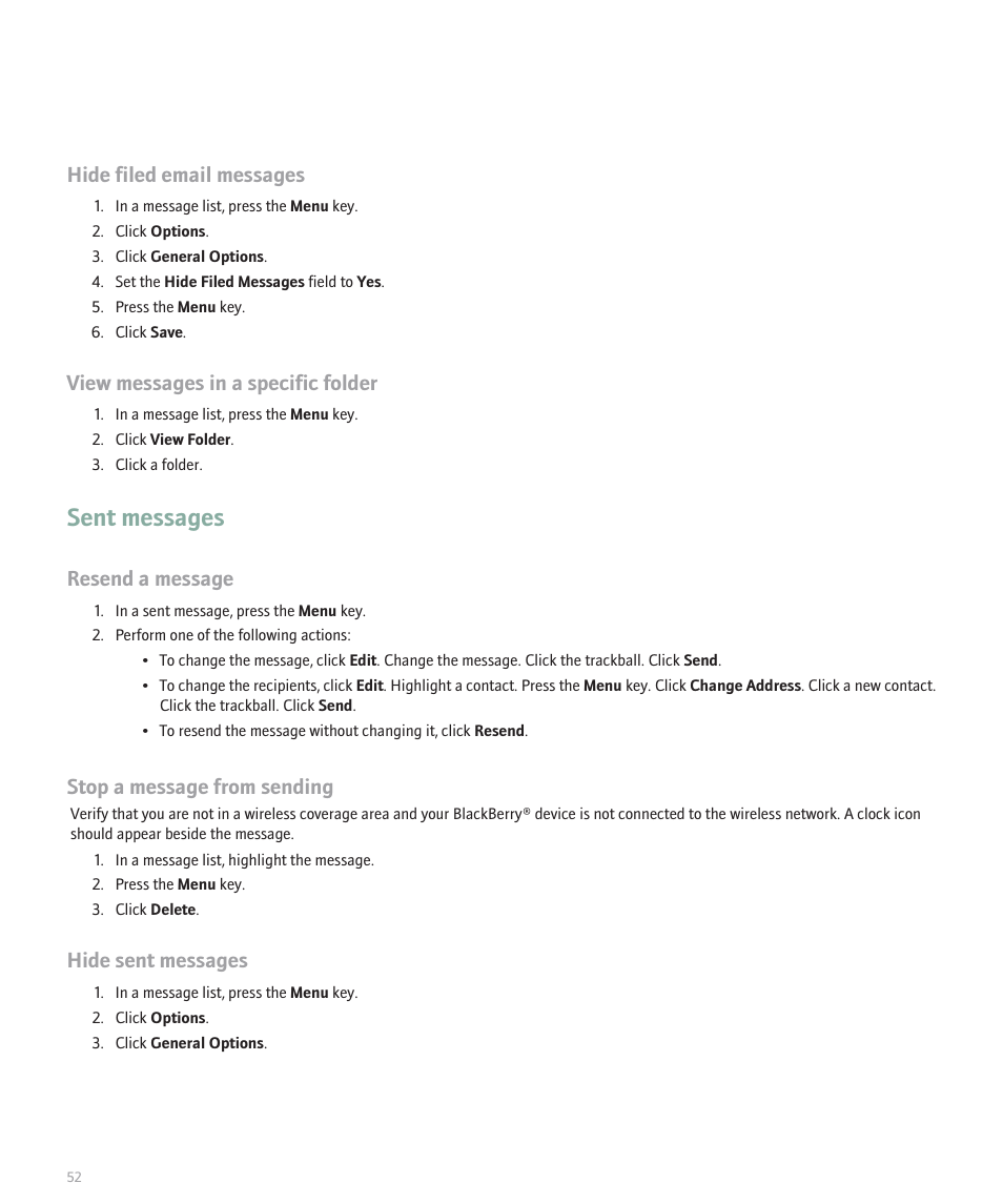 Sent messages, Hide filed email messages, View messages in a specific folder | Resend a message, Stop a message from sending, Hide sent messages | Blackberry 8100 User Manual | Page 54 / 262