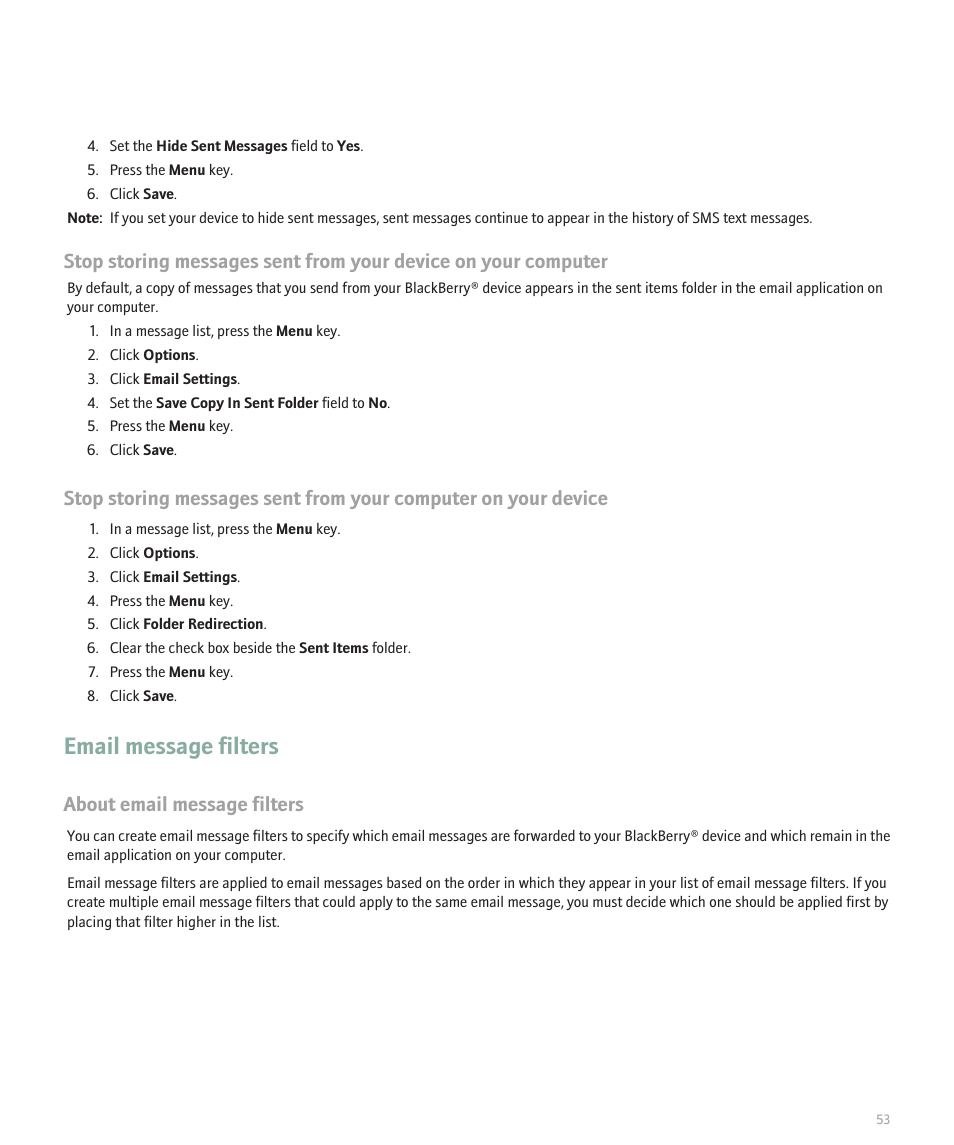 Email message filters, About email message filters | Blackberry 8100 User Manual | Page 55 / 262