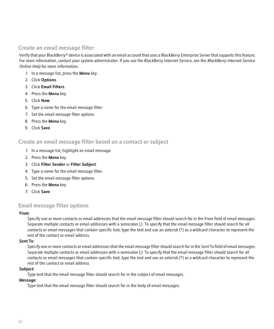 Create an email message filter, Email message filter options | Blackberry 8100 User Manual | Page 56 / 262