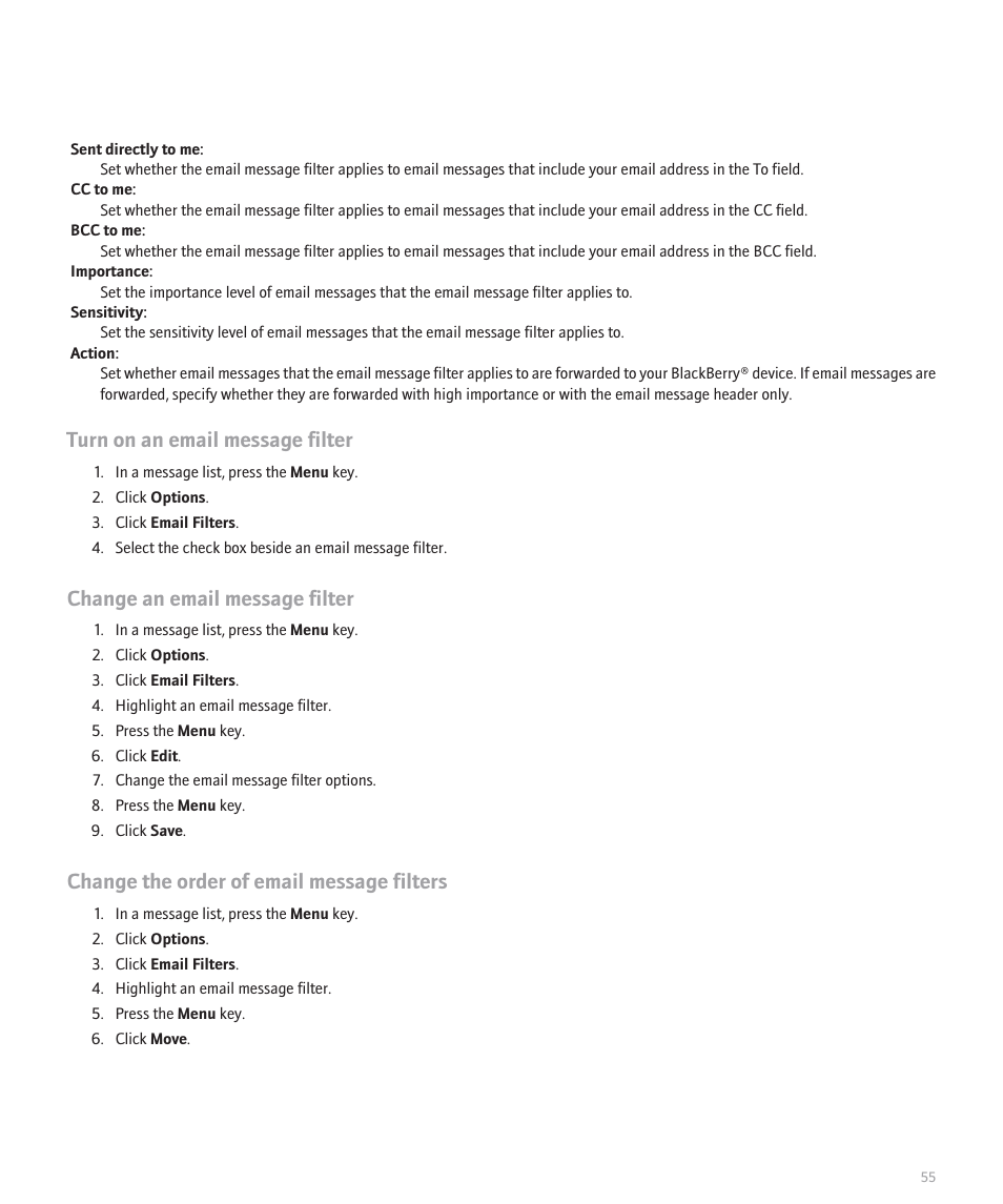 Turn on an email message filter, Change an email message filter, Change the order of email message filters | Blackberry 8100 User Manual | Page 57 / 262