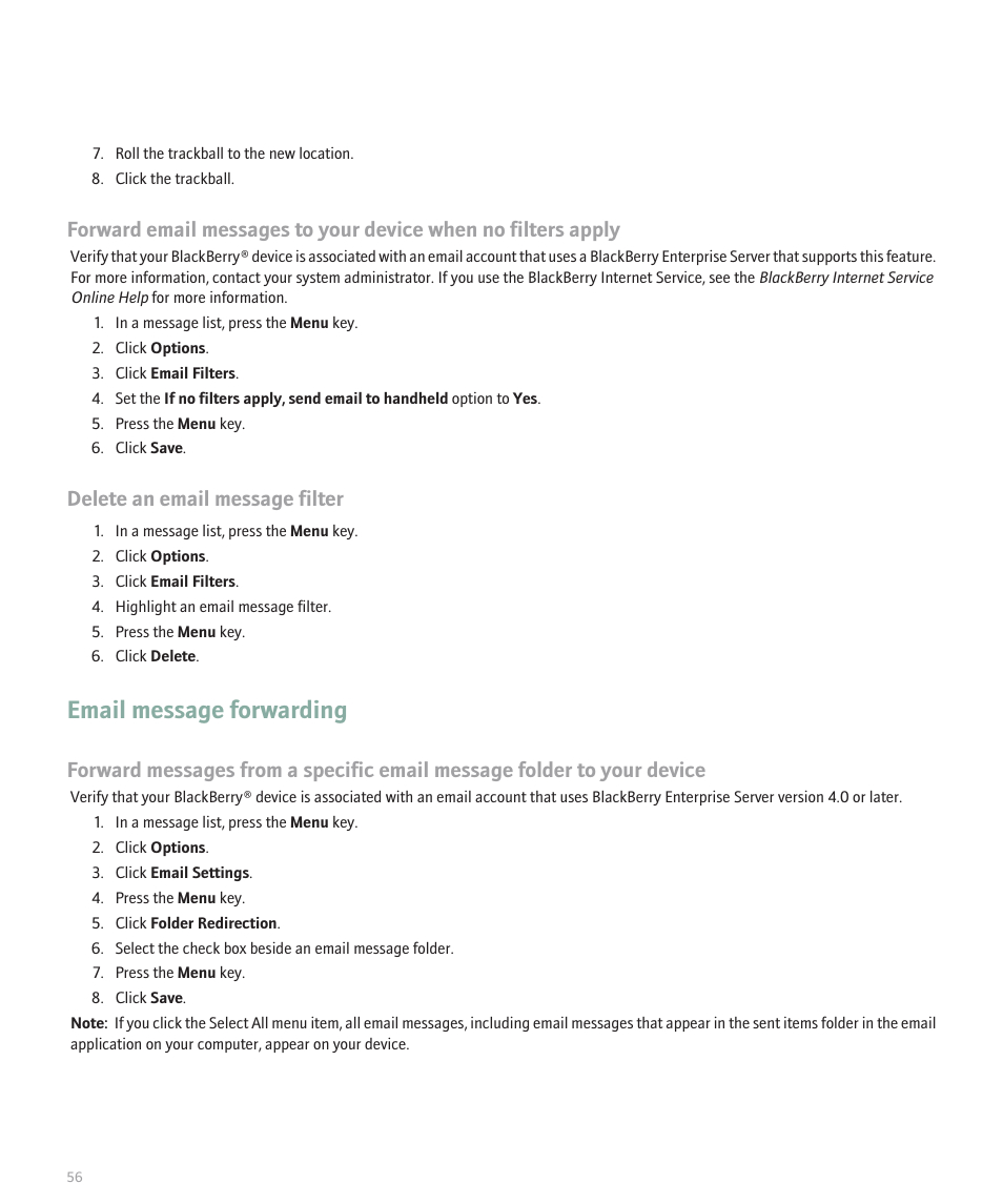 Email message forwarding, Delete an email message filter | Blackberry 8100 User Manual | Page 58 / 262