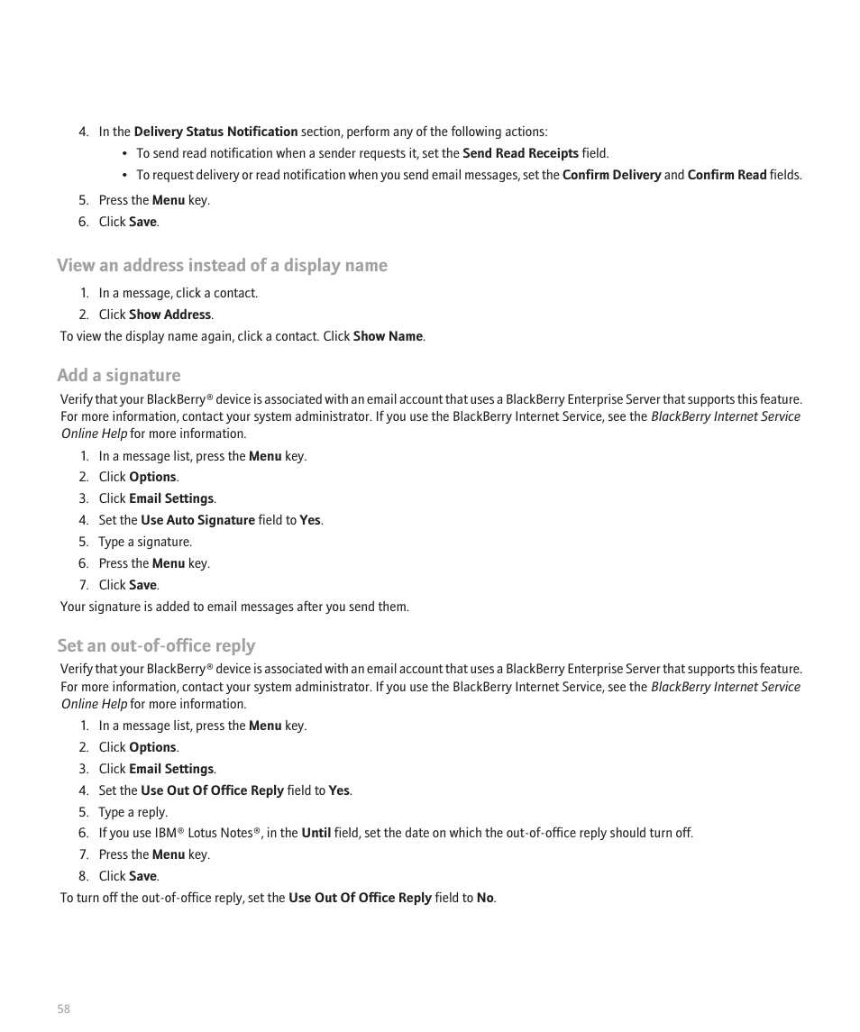 View an address instead of a display name, Add a signature, Set an out-of-office reply | Blackberry 8100 User Manual | Page 60 / 262