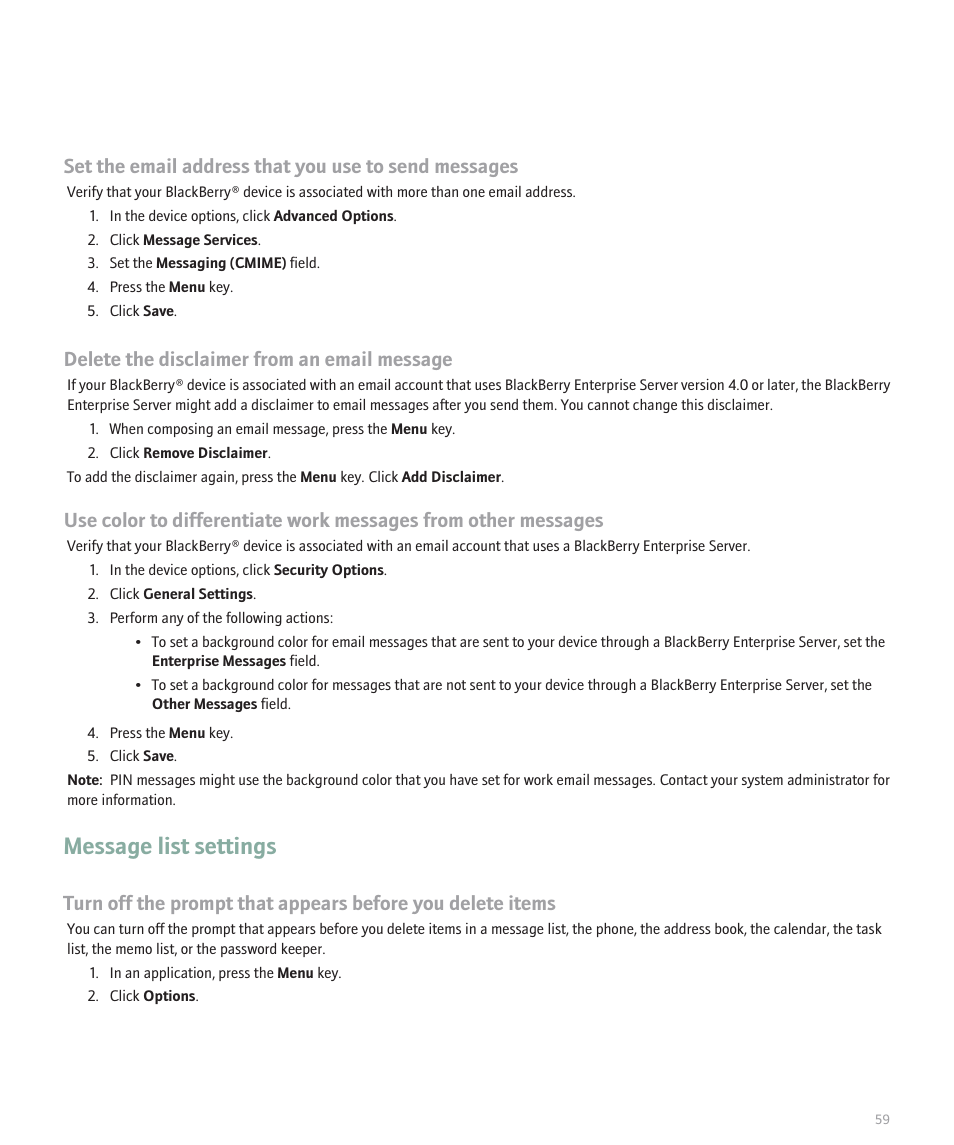 Message list settings, Delete the disclaimer from an email message | Blackberry 8100 User Manual | Page 61 / 262