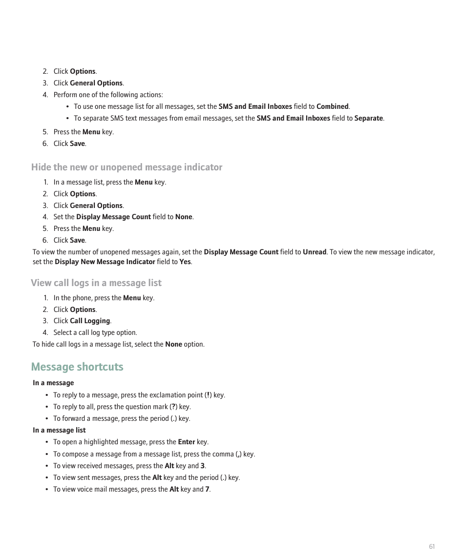 Message shortcuts, Hide the new or unopened message indicator, View call logs in a message list | Blackberry 8100 User Manual | Page 63 / 262