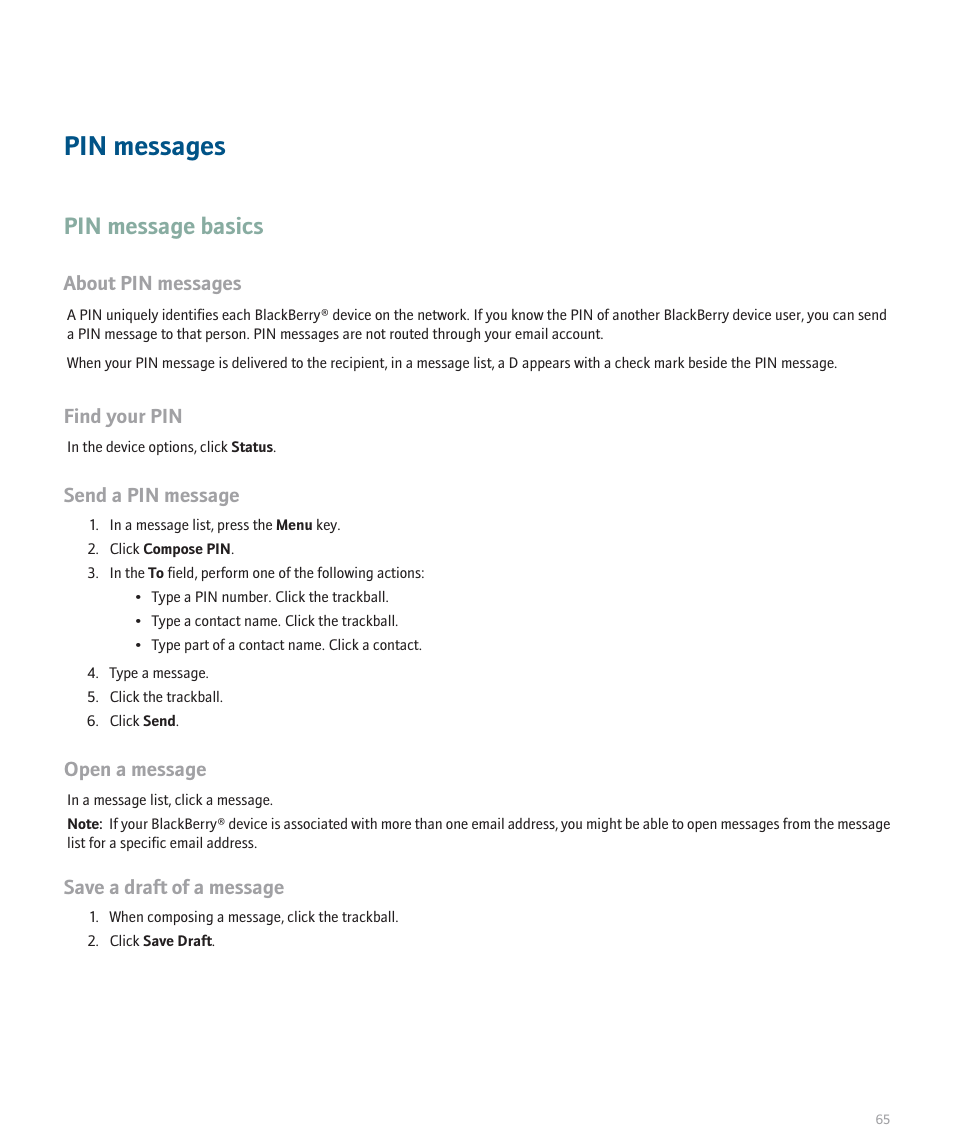 Pin messages, Pin message basics | Blackberry 8100 User Manual | Page 67 / 262