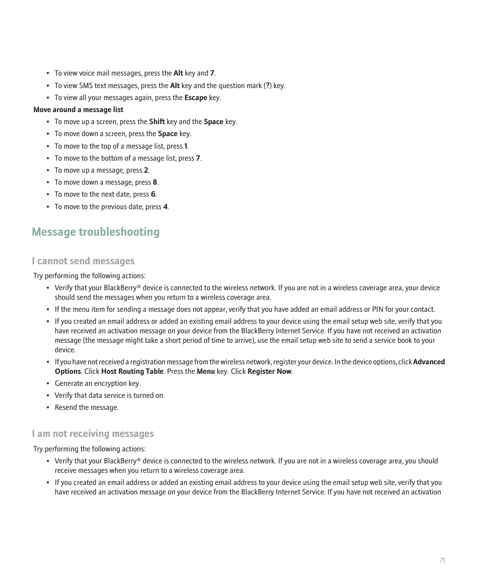 Message troubleshooting, I cannot send messages, I am not receiving messages | Blackberry 8100 User Manual | Page 73 / 262