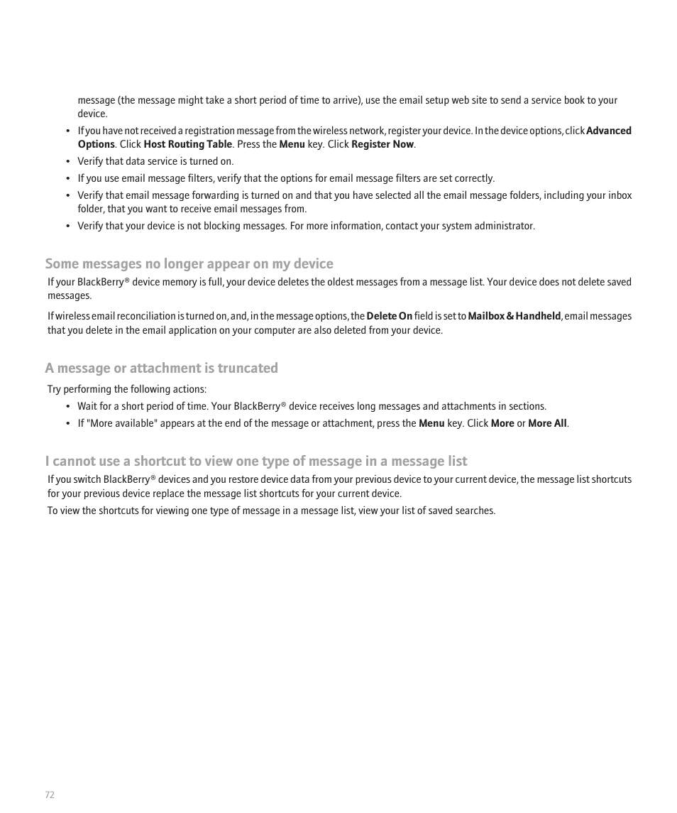 Some messages no longer appear on my device, A message or attachment is truncated | Blackberry 8100 User Manual | Page 74 / 262