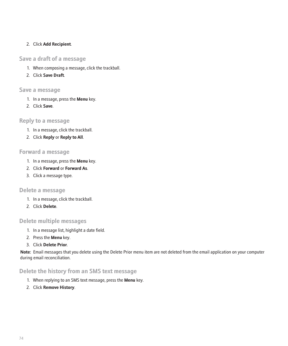 Save a draft of a message, Save a message, Reply to a message | Forward a message, Delete a message, Delete multiple messages, Delete the history from an sms text message | Blackberry 8100 User Manual | Page 76 / 262