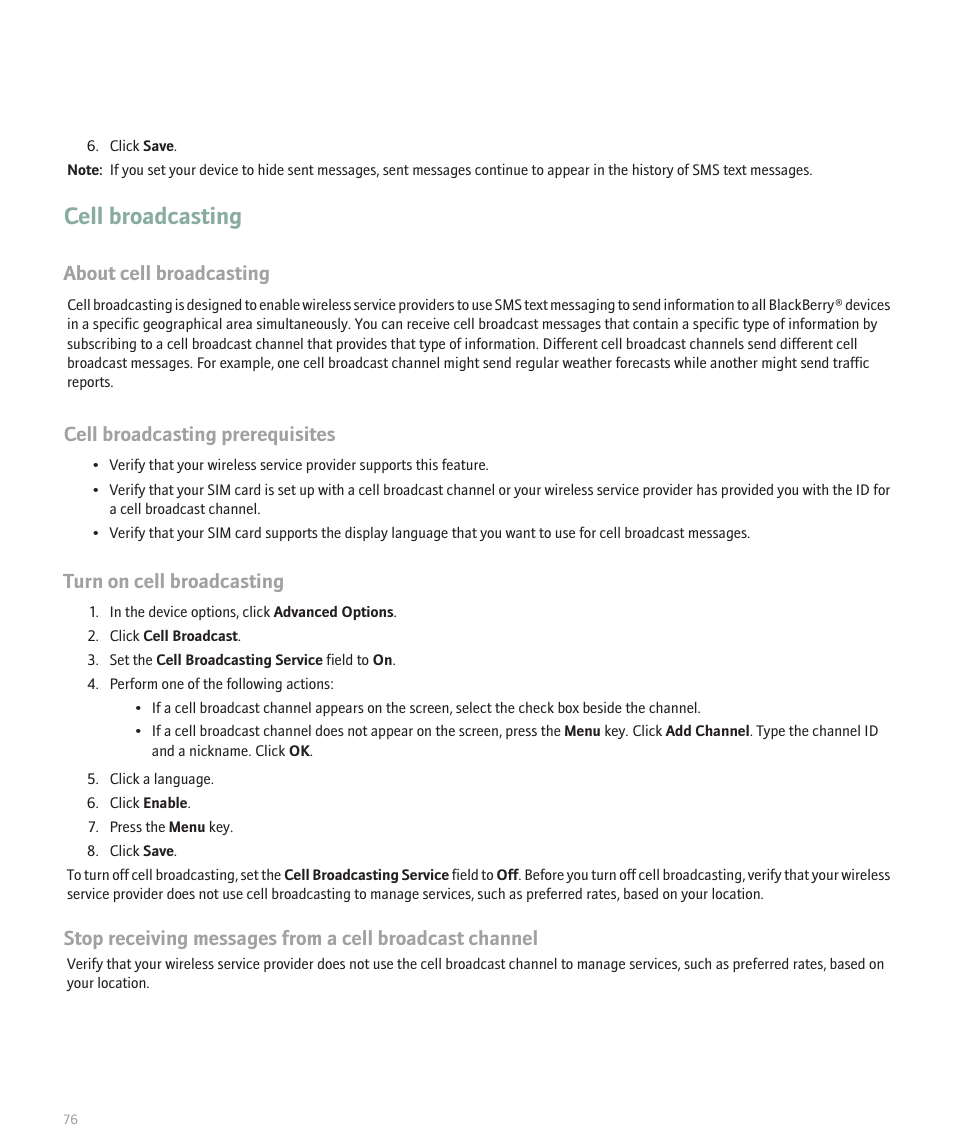 Cell broadcasting, About cell broadcasting, Cell broadcasting prerequisites | Turn on cell broadcasting | Blackberry 8100 User Manual | Page 78 / 262