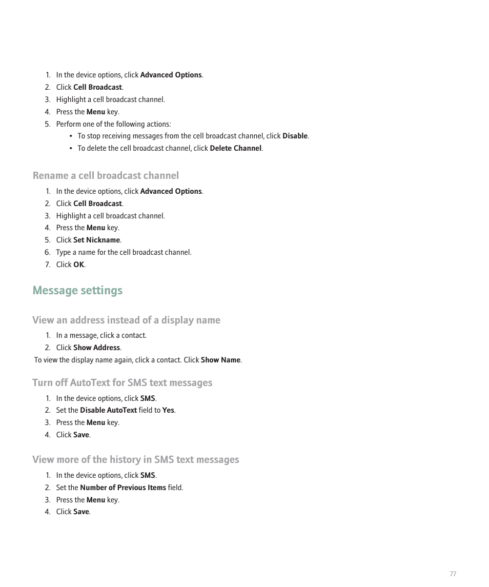 Message settings, Rename a cell broadcast channel, View an address instead of a display name | Turn off autotext for sms text messages, View more of the history in sms text messages | Blackberry 8100 User Manual | Page 79 / 262