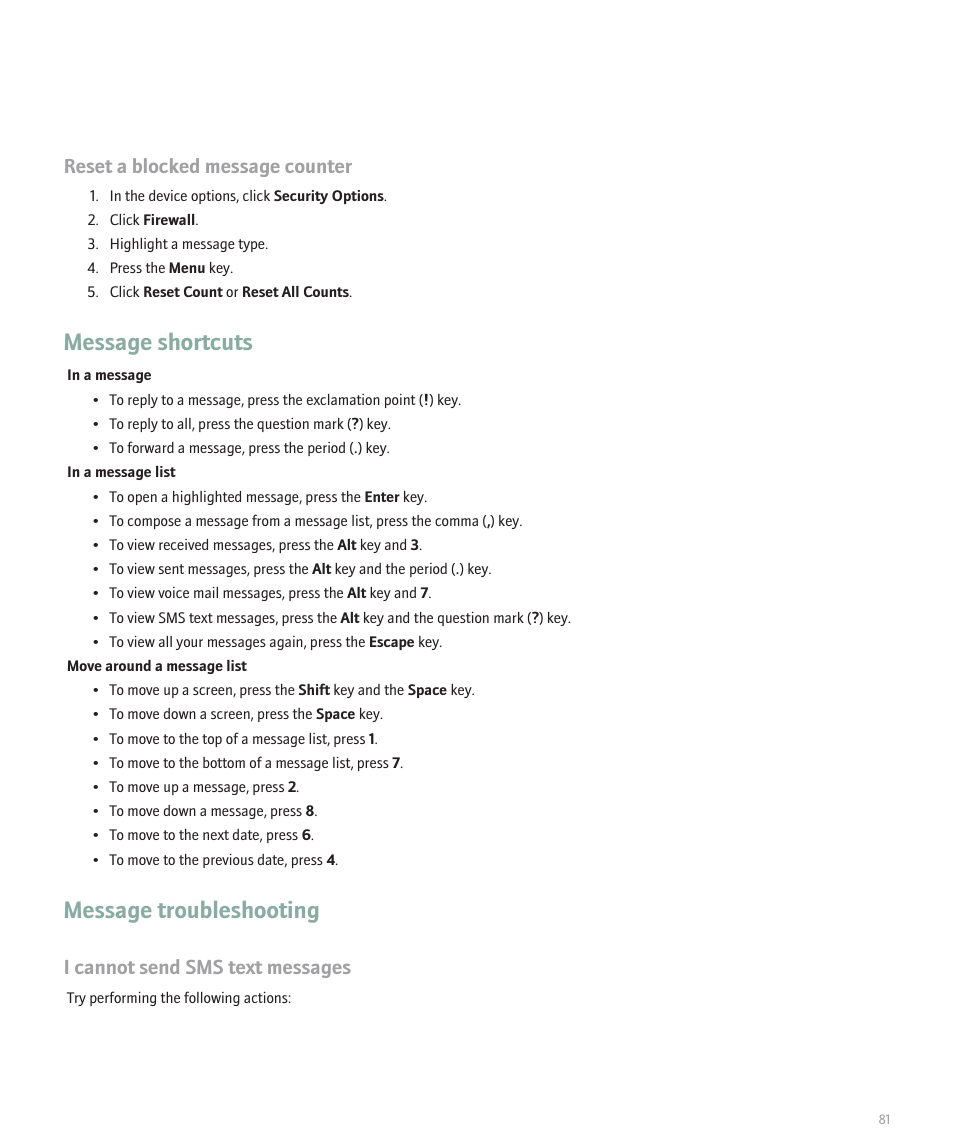Message shortcuts, Message troubleshooting, Reset a blocked message counter | I cannot send sms text messages | Blackberry 8100 User Manual | Page 83 / 262