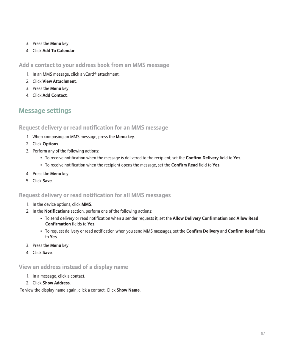 Message settings, View an address instead of a display name | Blackberry 8100 User Manual | Page 89 / 262