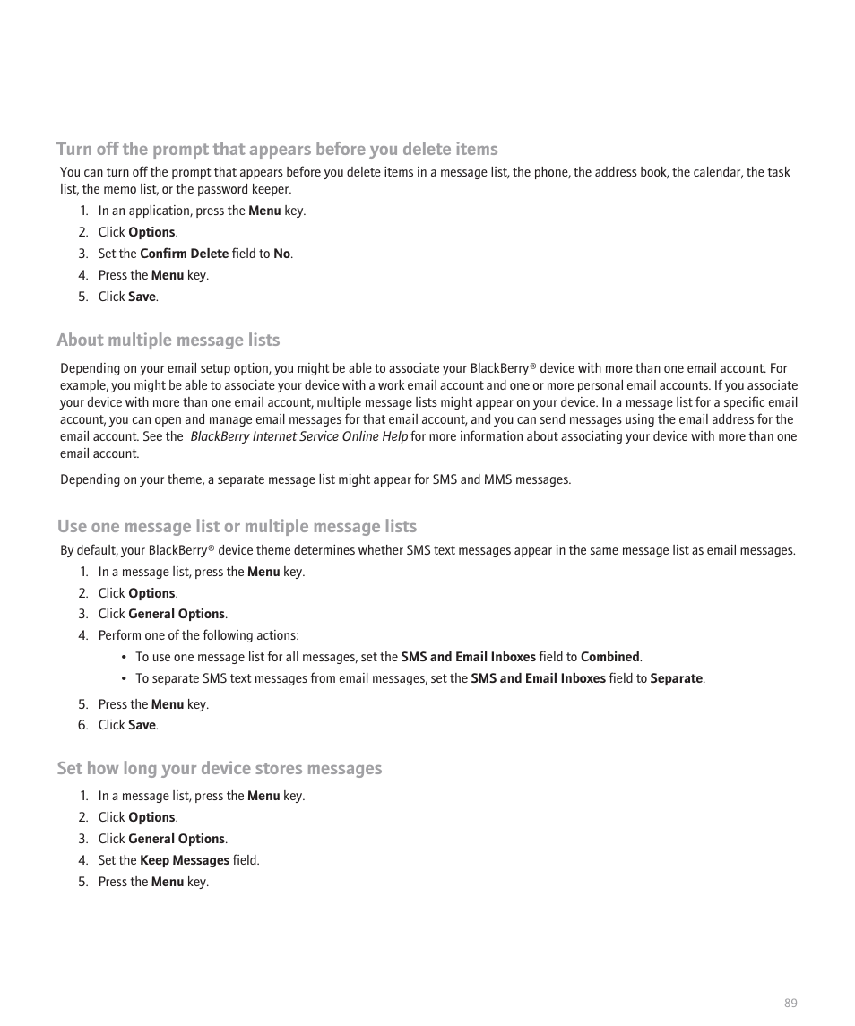 About multiple message lists, Use one message list or multiple message lists, Set how long your device stores messages | Blackberry 8100 User Manual | Page 91 / 262