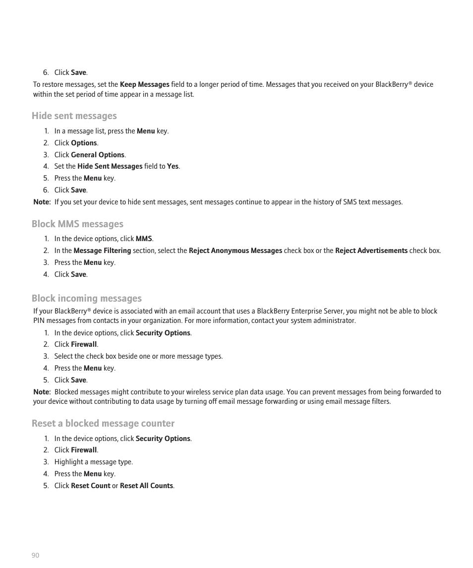 Hide sent messages, Block mms messages, Block incoming messages | Reset a blocked message counter | Blackberry 8100 User Manual | Page 92 / 262