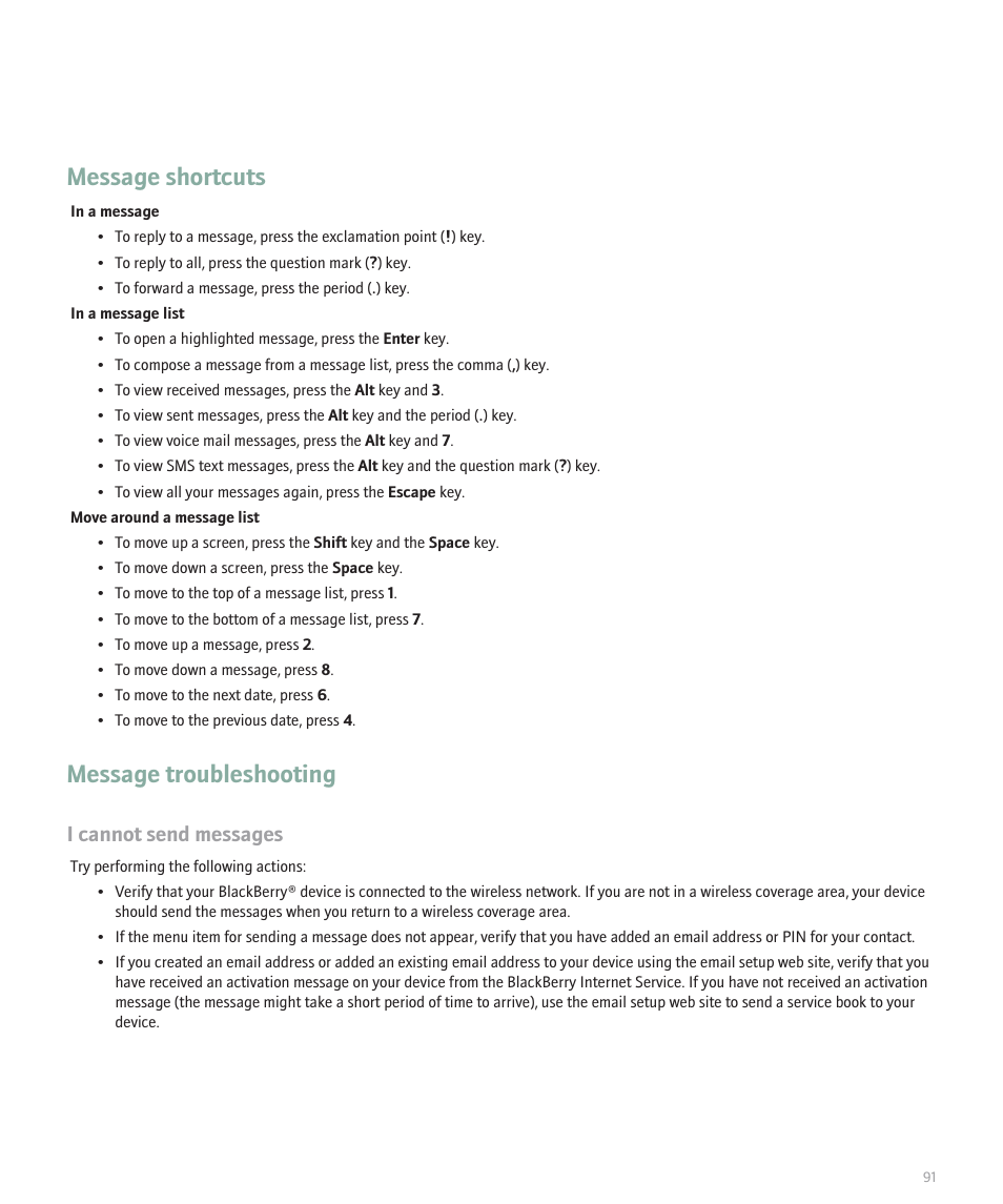 Message shortcuts, Message troubleshooting, I cannot send messages | Blackberry 8100 User Manual | Page 93 / 262