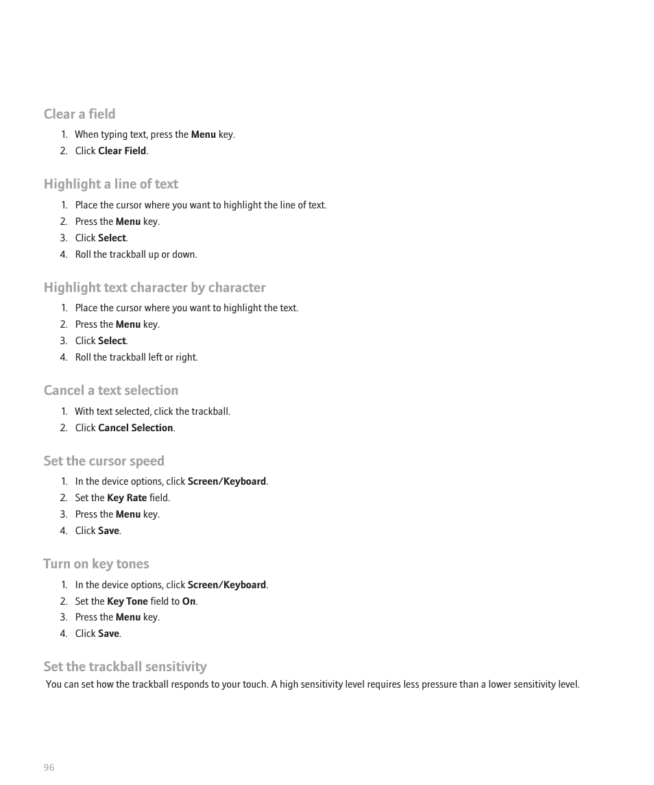 Clear a field, Highlight a line of text, Highlight text character by character | Cancel a text selection, Set the cursor speed, Turn on key tones, Set the trackball sensitivity | Blackberry 8100 User Manual | Page 98 / 262