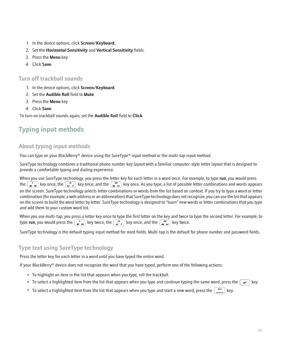 Typing input methods, Turn off trackball sounds, About typing input methods | Type text using suretype technology | Blackberry 8100 User Manual | Page 99 / 262