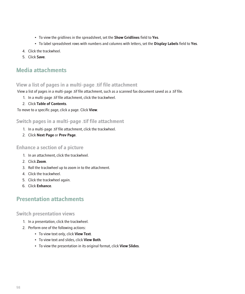 Media attachments, Presentation attachments, Switch pages in a multi-page .tif file attachment | Switch presentation views | Blackberry 8707 Series User Manual | Page 100 / 240