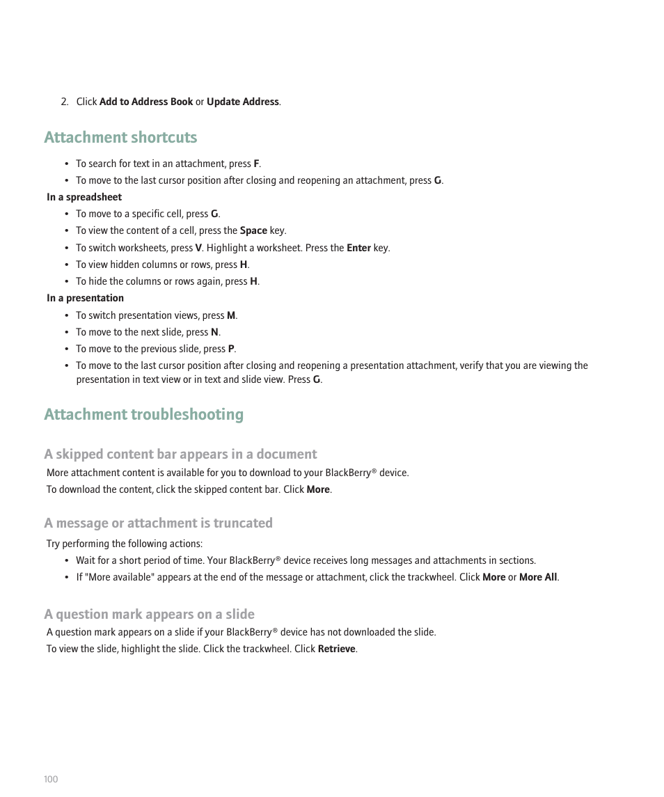 Attachment shortcuts, Attachment troubleshooting, A skipped content bar appears in a document | A message or attachment is truncated, A question mark appears on a slide | Blackberry 8707 Series User Manual | Page 102 / 240