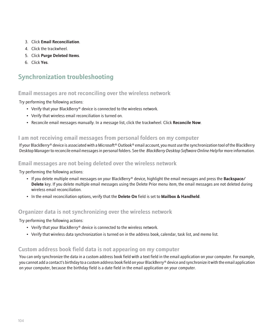 Synchronization troubleshooting | Blackberry 8707 Series User Manual | Page 106 / 240