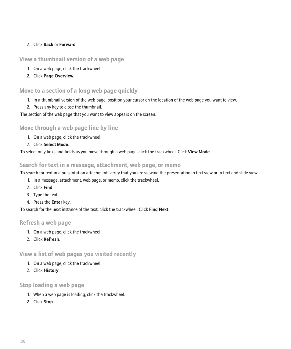 View a thumbnail version of a web page, Move through a web page line by line, Refresh a web page | View a list of web pages you visited recently, Stop loading a web page | Blackberry 8707 Series User Manual | Page 110 / 240