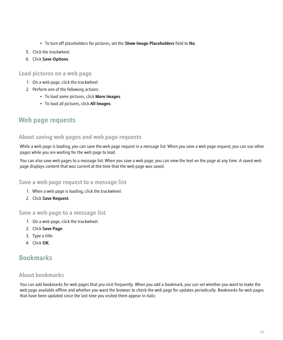 Web page requests, Bookmarks, Load pictures on a web page | About saving web pages and web page requests, Save a web page request to a message list, Save a web page to a message list, About bookmarks | Blackberry 8707 Series User Manual | Page 113 / 240