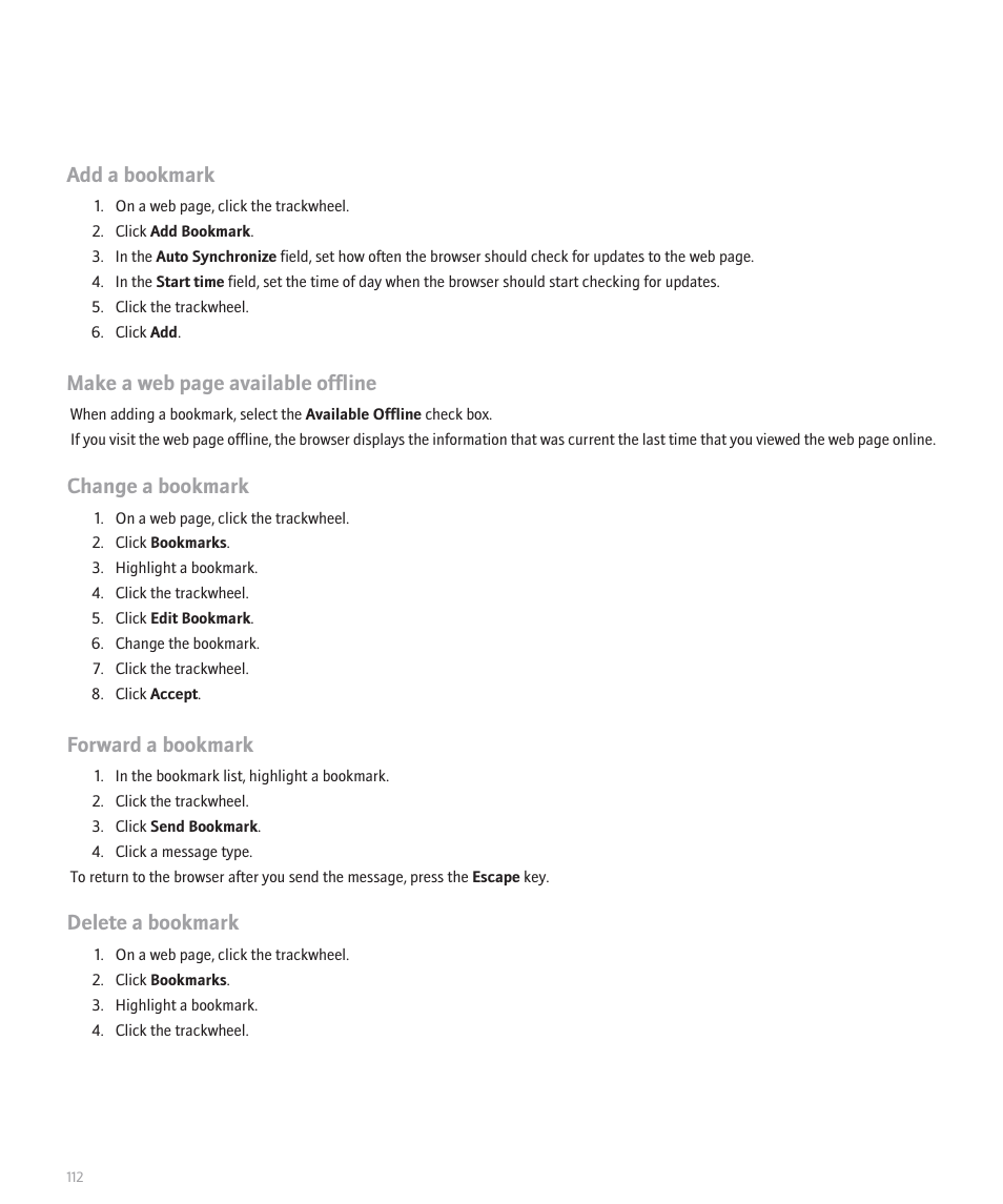Add a bookmark, Make a web page available offline, Change a bookmark | Forward a bookmark, Delete a bookmark | Blackberry 8707 Series User Manual | Page 114 / 240