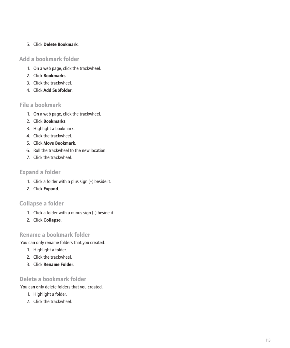 Add a bookmark folder, File a bookmark, Expand a folder | Collapse a folder, Rename a bookmark folder, Delete a bookmark folder | Blackberry 8707 Series User Manual | Page 115 / 240