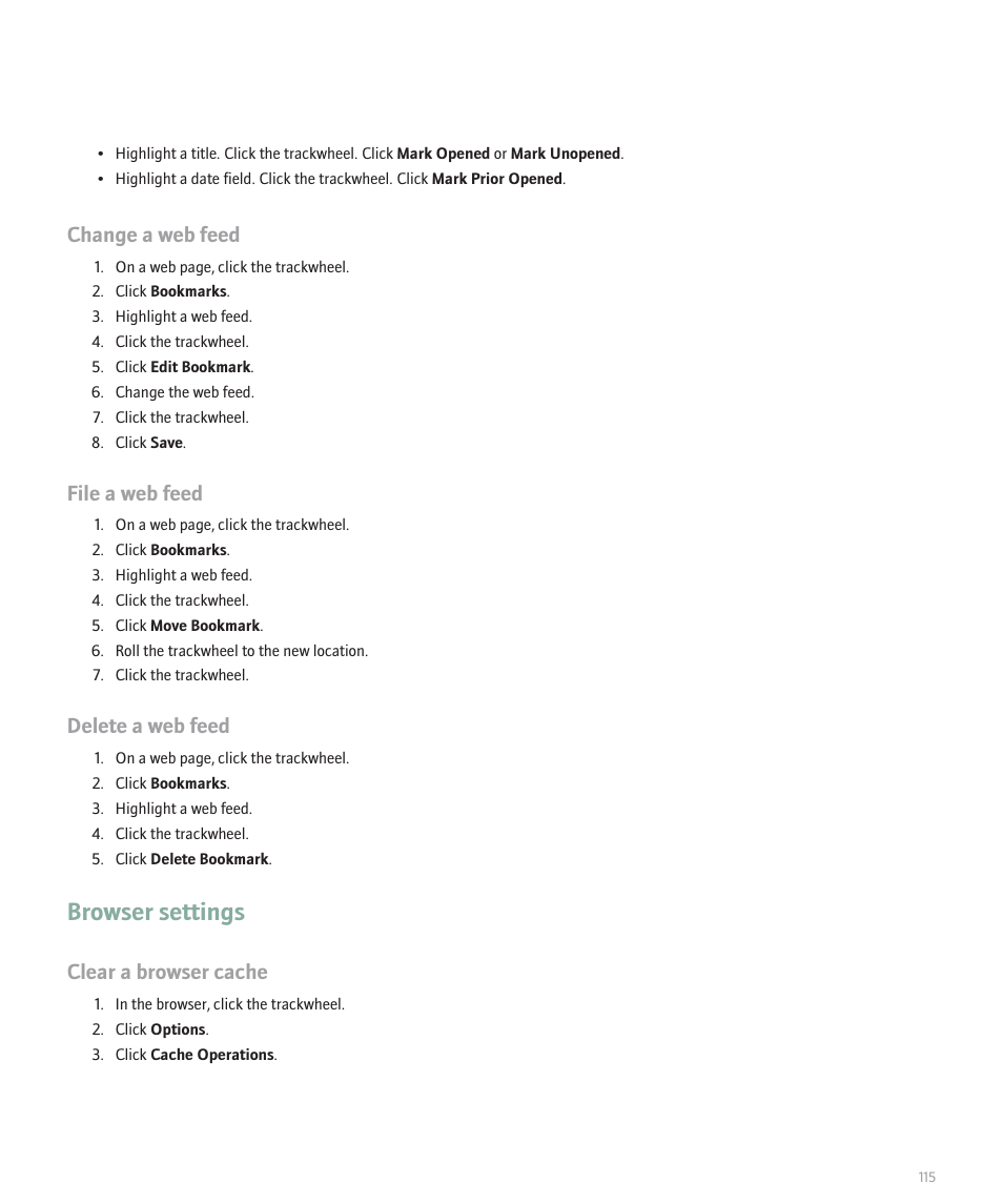 Browser settings, Change a web feed, File a web feed | Delete a web feed, Clear a browser cache | Blackberry 8707 Series User Manual | Page 117 / 240