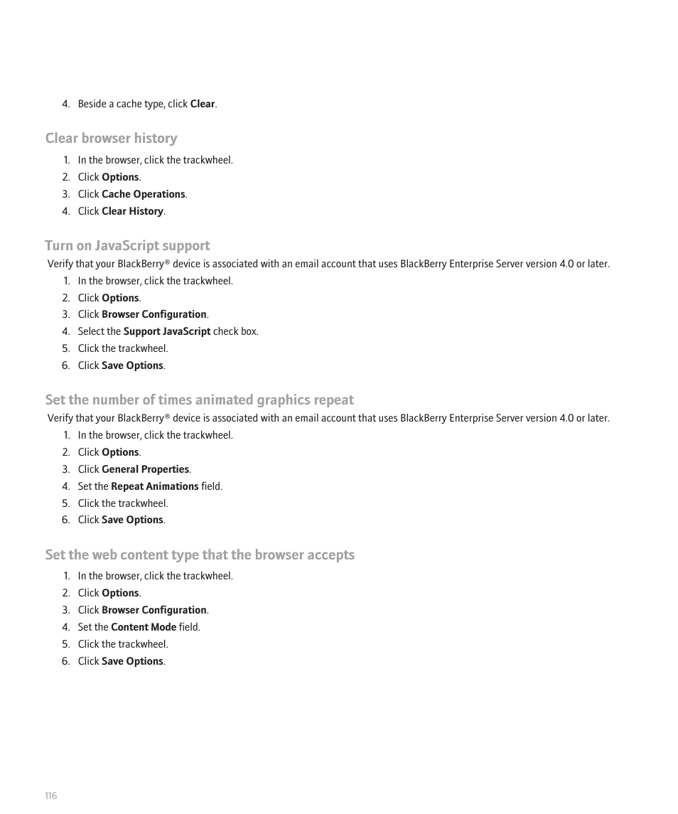 Clear browser history, Turn on javascript support, Set the number of times animated graphics repeat | Set the web content type that the browser accepts | Blackberry 8707 Series User Manual | Page 118 / 240