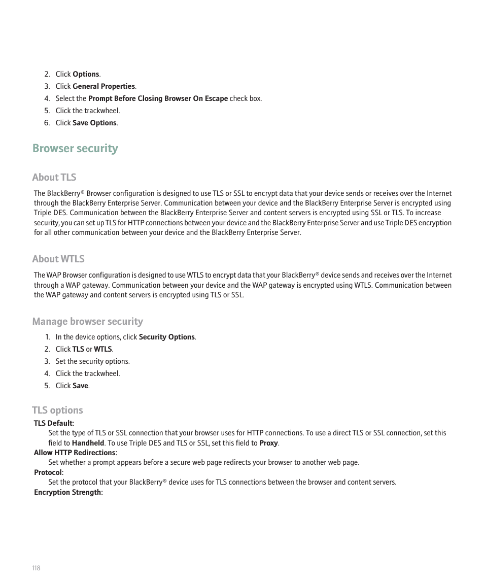 Browser security, About tls, About wtls | Manage browser security, Tls options | Blackberry 8707 Series User Manual | Page 120 / 240