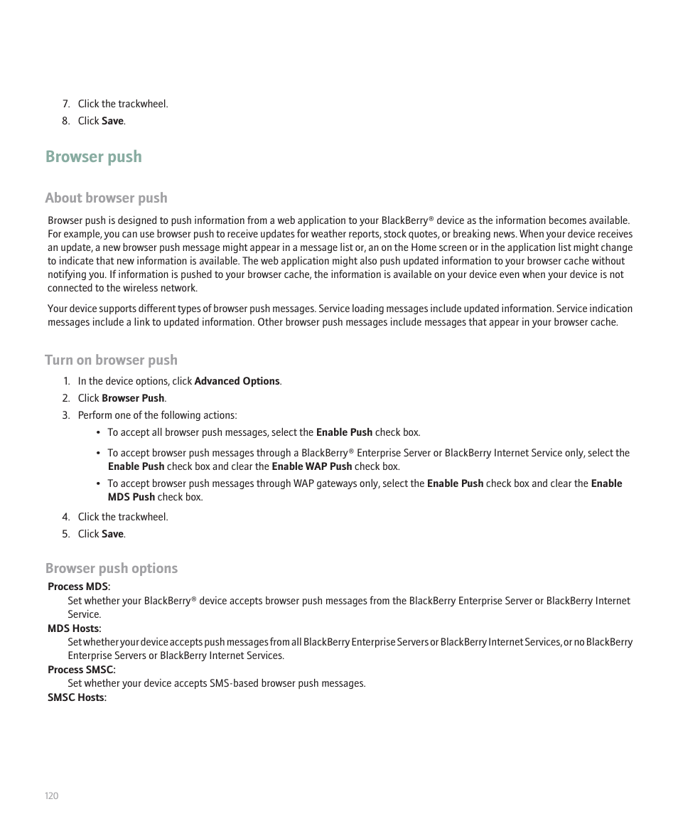 Browser push, About browser push, Turn on browser push | Browser push options | Blackberry 8707 Series User Manual | Page 122 / 240