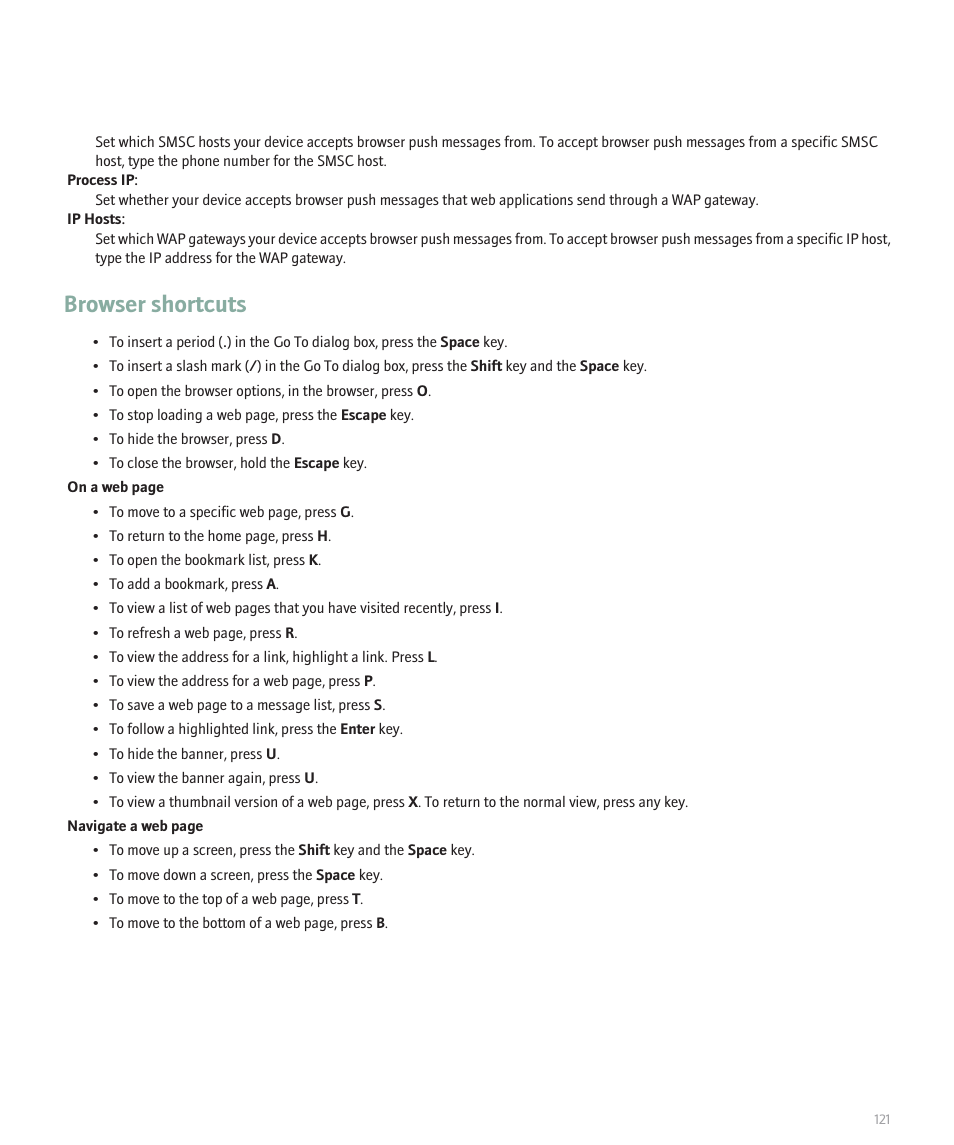 Browser shortcuts | Blackberry 8707 Series User Manual | Page 123 / 240
