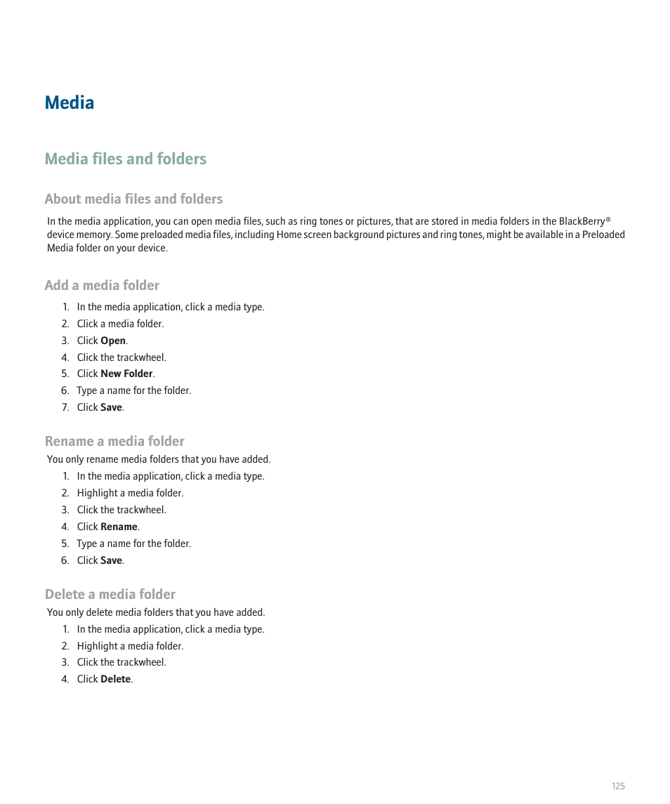 Media, Media files and folders, About media files and folders | Add a media folder, Rename a media folder, Delete a media folder | Blackberry 8707 Series User Manual | Page 127 / 240