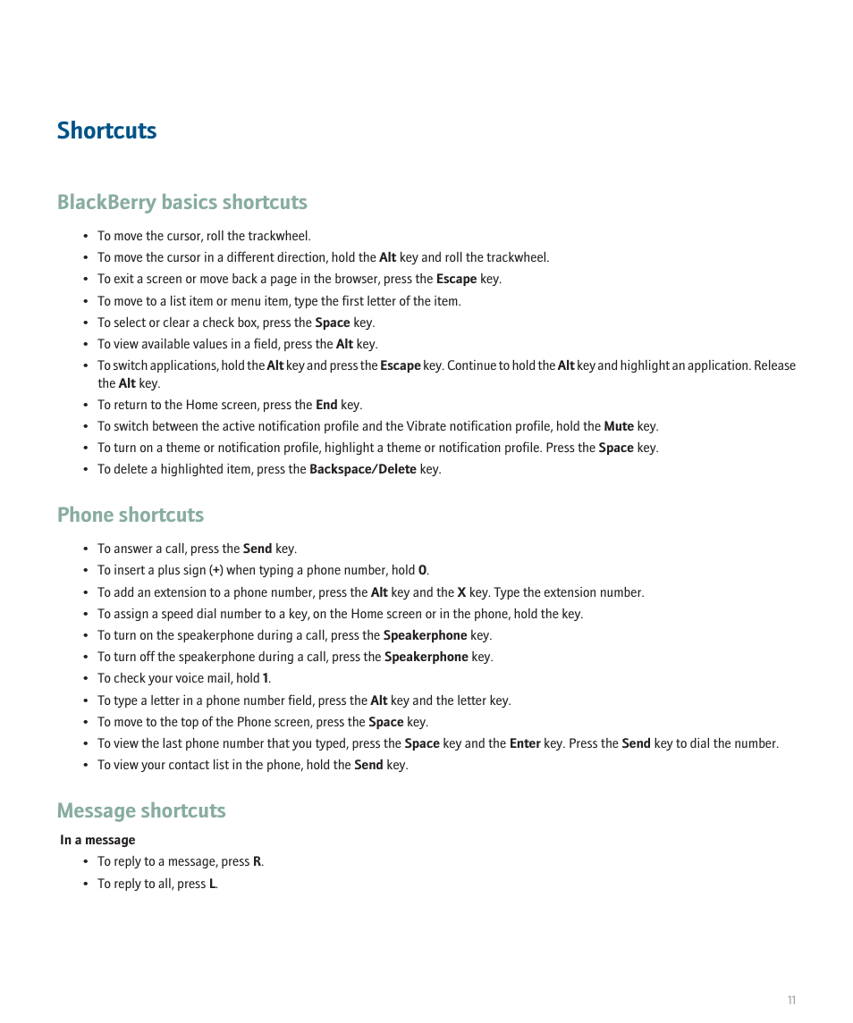 Shortcuts, Blackberry basics shortcuts, Phone shortcuts | Message shortcuts | Blackberry 8707 Series User Manual | Page 13 / 240