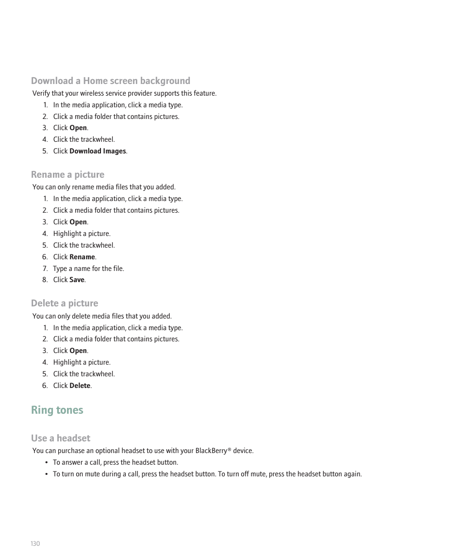 Ring tones, Download a home screen background, Rename a picture | Delete a picture, Use a headset | Blackberry 8707 Series User Manual | Page 132 / 240