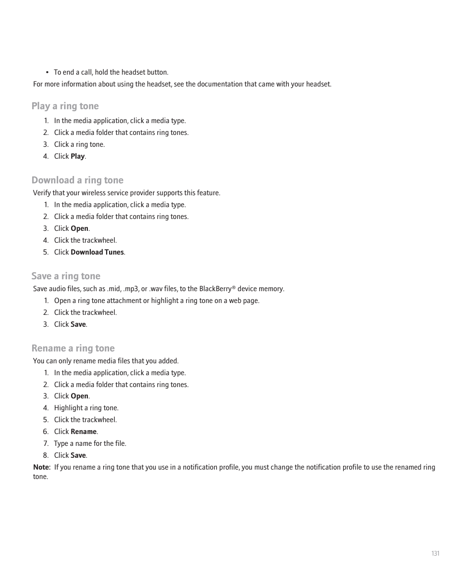 Play a ring tone, Download a ring tone, Save a ring tone | Rename a ring tone | Blackberry 8707 Series User Manual | Page 133 / 240