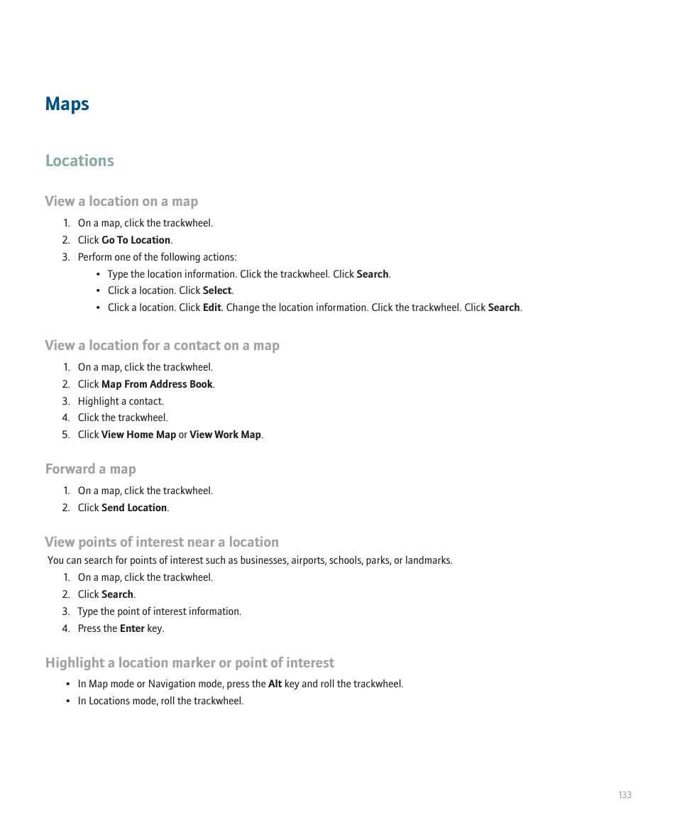 Maps, Locations, View a location on a map | View a location for a contact on a map, Forward a map, View points of interest near a location, Highlight a location marker or point of interest | Blackberry 8707 Series User Manual | Page 135 / 240