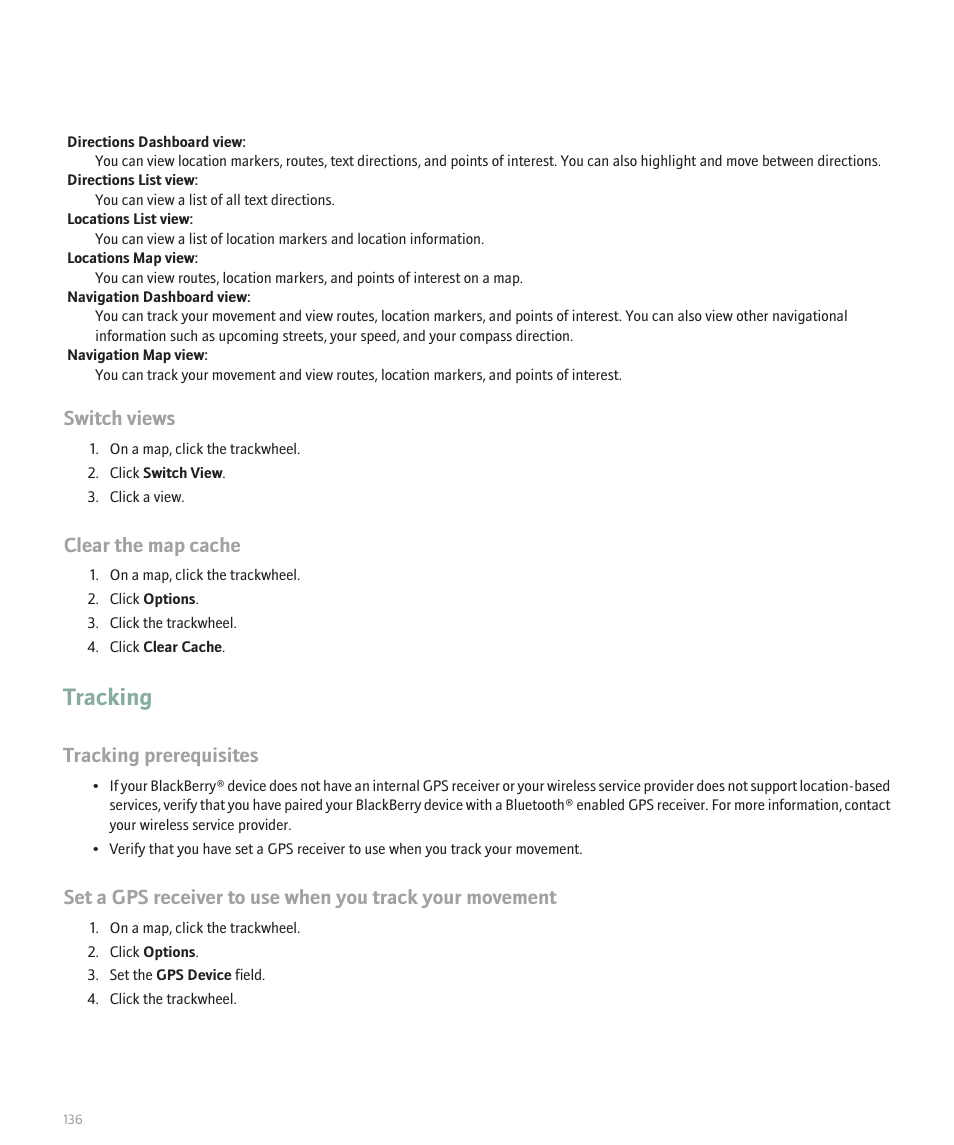 Tracking, Switch views, Clear the map cache | Tracking prerequisites | Blackberry 8707 Series User Manual | Page 138 / 240