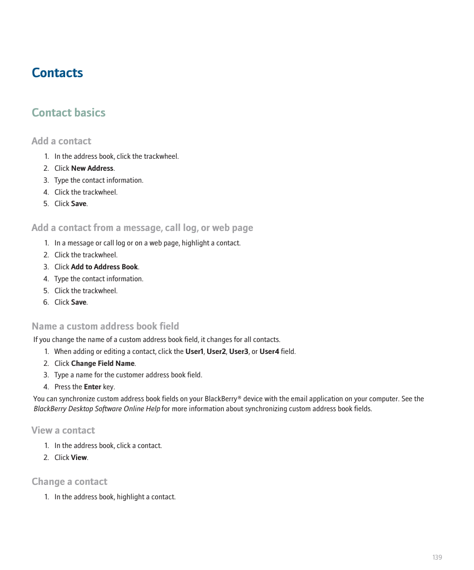 Contacts, Contact basics, Add a contact | Name a custom address book field, View a contact, Change a contact | Blackberry 8707 Series User Manual | Page 141 / 240