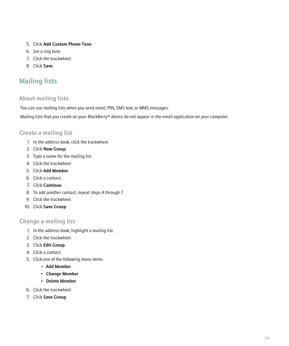 Mailing lists, About mailing lists, Create a mailing list | Change a mailing list | Blackberry 8707 Series User Manual | Page 143 / 240