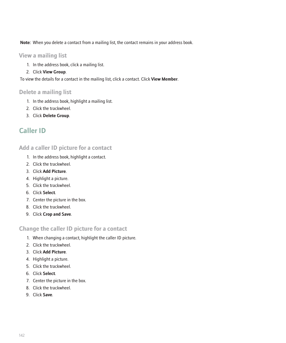 Caller id, View a mailing list, Delete a mailing list | Add a caller id picture for a contact, Change the caller id picture for a contact | Blackberry 8707 Series User Manual | Page 144 / 240