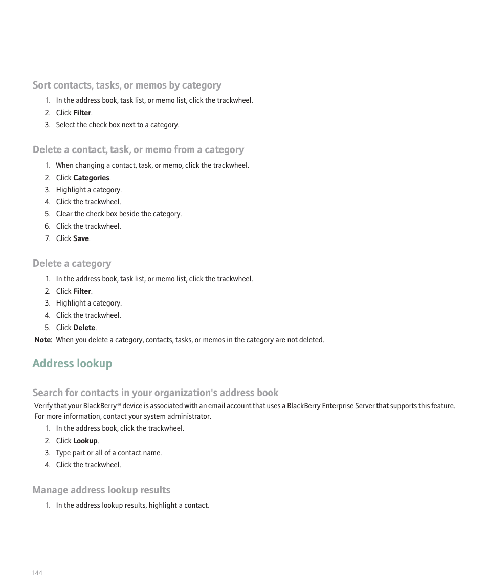 Address lookup, Delete a category, Manage address lookup results | Blackberry 8707 Series User Manual | Page 146 / 240