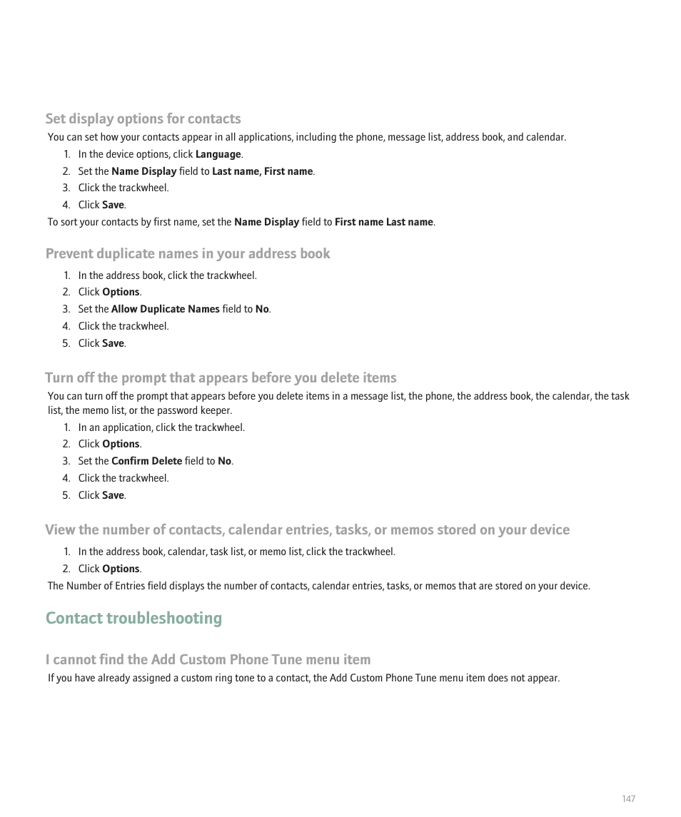 Contact troubleshooting, Set display options for contacts, Prevent duplicate names in your address book | I cannot find the add custom phone tune menu item | Blackberry 8707 Series User Manual | Page 149 / 240