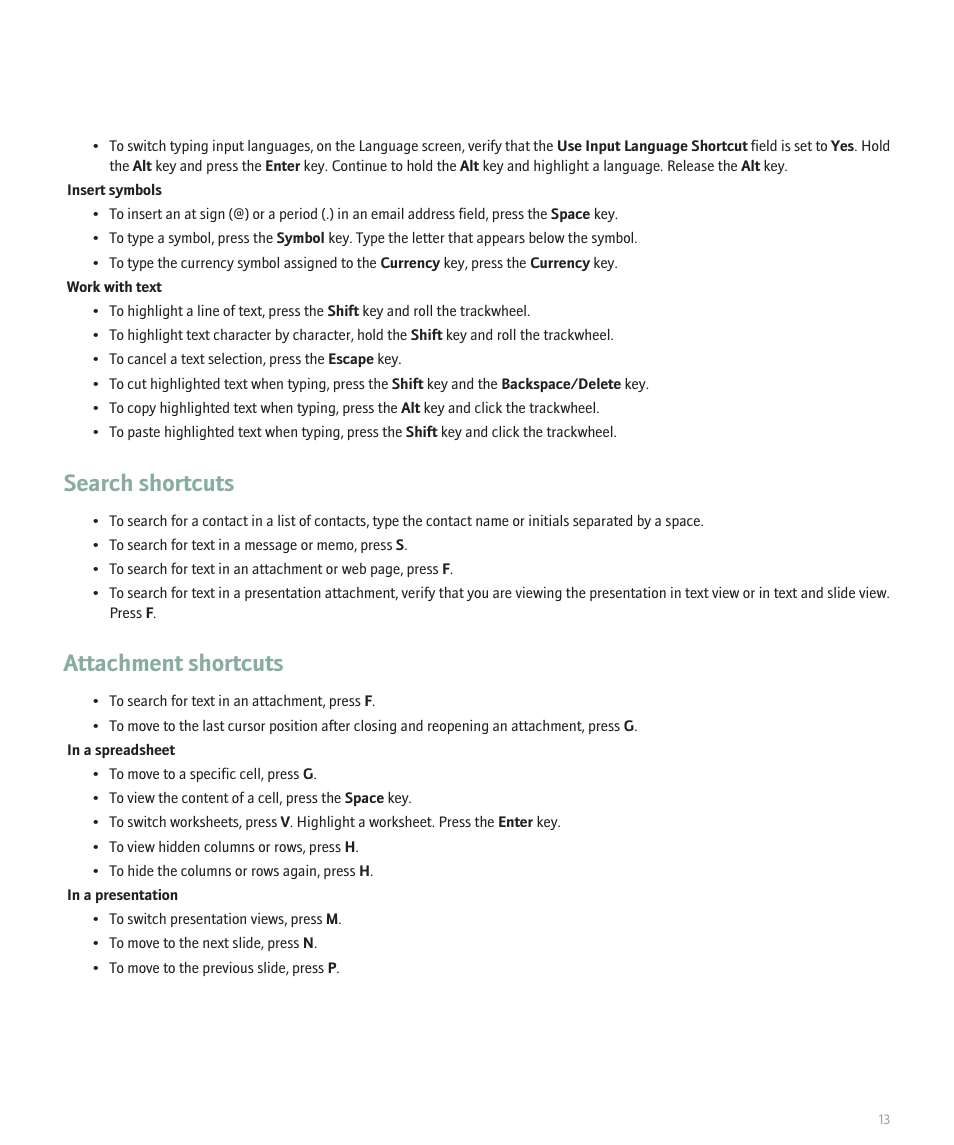 Search shortcuts, Attachment shortcuts | Blackberry 8707 Series User Manual | Page 15 / 240