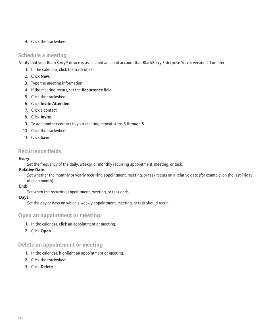 Schedule a meeting, Recurrence fields, Open an appointment or meeting | Delete an appointment or meeting | Blackberry 8707 Series User Manual | Page 152 / 240