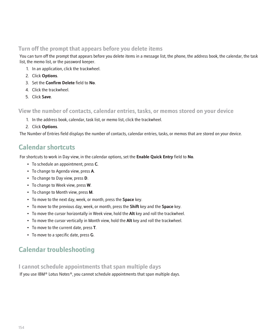 Calendar shortcuts, Calendar troubleshooting | Blackberry 8707 Series User Manual | Page 156 / 240